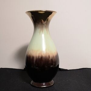 Beautiful Vintage MCM Vase Made in Germany Mint Green Brown Glaze With Gold